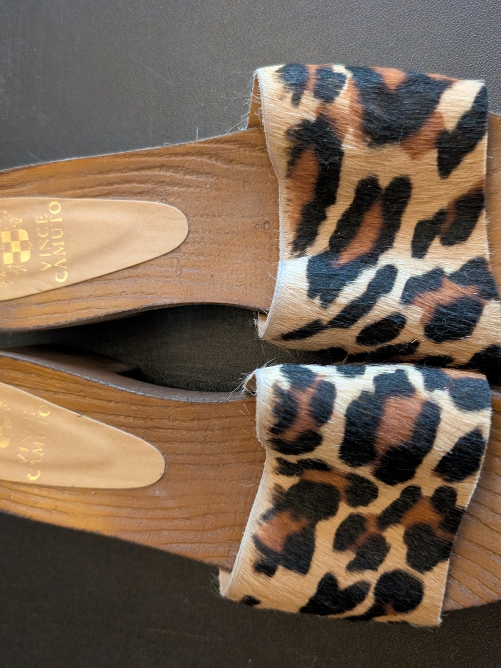 Vince Camuto Leopard Print Slide Mules in Brown and Black